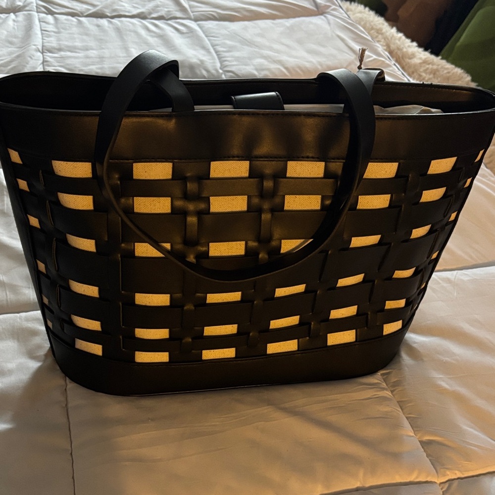 A New Day Black and Cream Basket Weave Tote